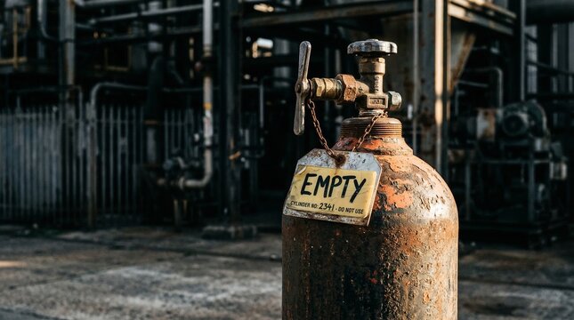 Close-up of a rusty empty LPG gas cylinder with &ldquo;Empty&rdquo; sign tag, industrial background, shallow depth of field, dramatic side lighting, high texture detail, minimal composition, crisis concept, stock