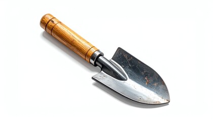 Fototapeta premium Simple wooden handle garden trowel rests on white, ideal for planting, digging, and cultivating in modern outdoor gardening projects.