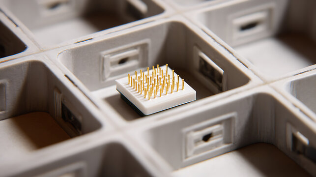 Macro view of an uninstalled processor chip with gold pins, resting in a grid of empty slots, showcasing micro technology detail