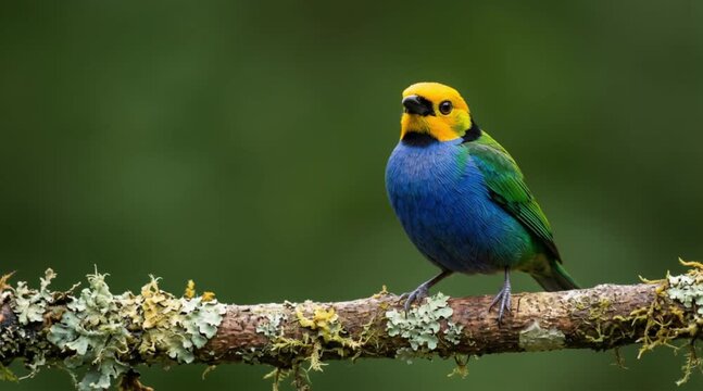 vibrant exotic bird with blue body and yellow head perched on mossy lichen covered branch against soft green background