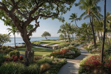 Fototapeta premium Oceanfront golf course with manicured green, sand bunkers, tropical palm trees, and vibrant flowering plants along winding paved pathway under clear sky