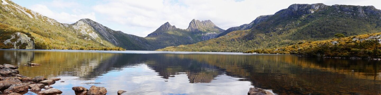 Spectacular panorama of Dave Lake Cradle Mountain Tasmania Australia