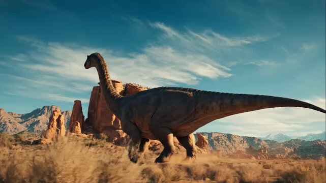 A majestic dinosaur walks through a desolate desert landscape under a bright blue sky