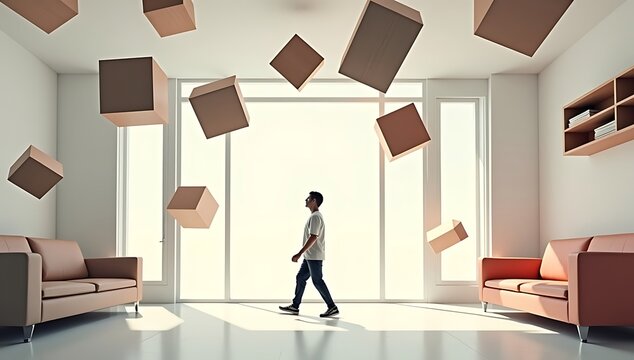 A modern room where gravity is flipped, furniture and objects floating upward while a person walks normally on the floor, surreal interior illusion, impossible physics, clean modern design, soft light