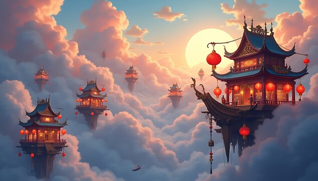 A vibrant floating marketplace among clouds with colorful stalls, flying boats, and hanging lanterns, magical fantasy world, warm lighting, rich details, cultural fusion, imaginative environment, whim
