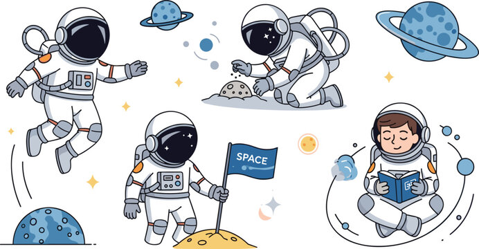 Astronaut Adventures Collection with Space Exploration, Flag Planting, Moonwalking, and Reading in Space for Cosmic and Astronaut Designs