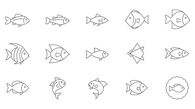 Minimal fish line icon set, modern geometric fish shapes with simple linear design
