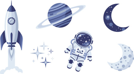 Space Exploration Collection with Rocket, Astronaut, Planets, Stars, and Moon for Cosmic and Astronomy Designs © Sanjida