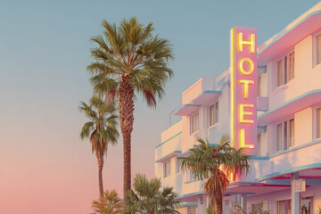 Naklejka premium Palm trees against pastel hotel building with neon lighting at sunset creating warm and inviting atmosphere in tropical urban setting