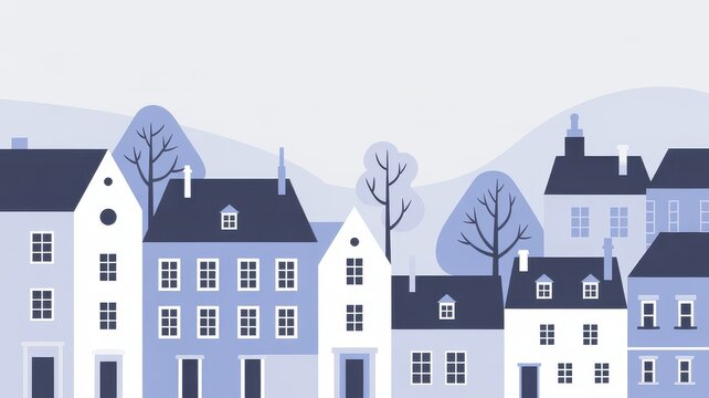 Illustration of a quaint european town with traditional houses and bare trees