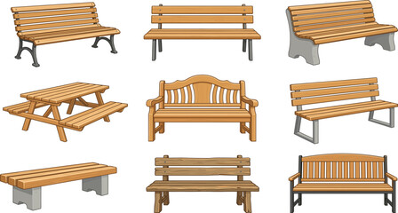 Fototapeta premium Wooden park bench collection set, outdoor garden seating furniture design, city landscape street bench illustration vector
