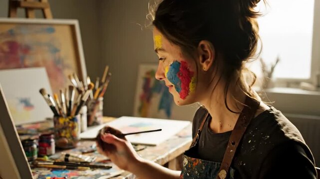 Creative female artist with colorful paint on face working in studio