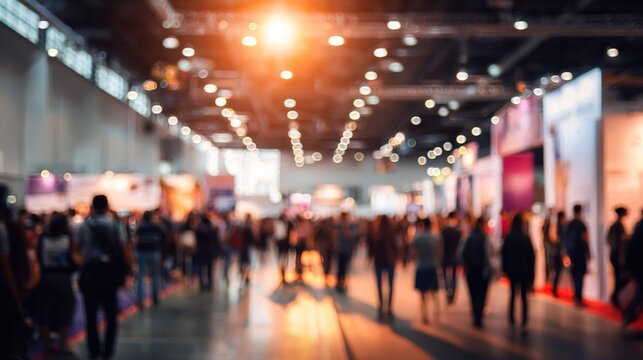 Blurred crowd of people walking through a large exhibition hall with bright lights