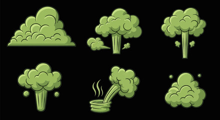 Fototapeta premium Set of six green cartoon toxic gas clouds and smoke explosions isolated on a black background, featuring poisonous vapors, stinking fumes, and chemical mist in various puff shapes.
