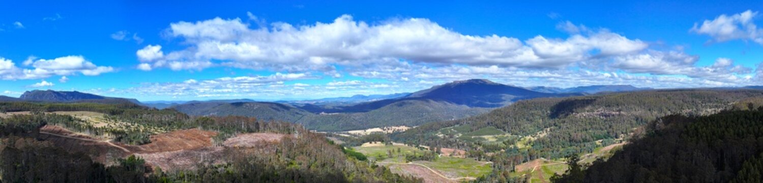 Spectacular aerial panorama of Liena area Tasmania Australia