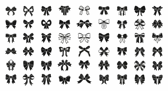 Comprehensive collection of sixty black bow silhouettes and ribbon tie icons isolated on white. Featuring diverse styles of decorative knots for gift packaging, hair accessories, and fashion.
