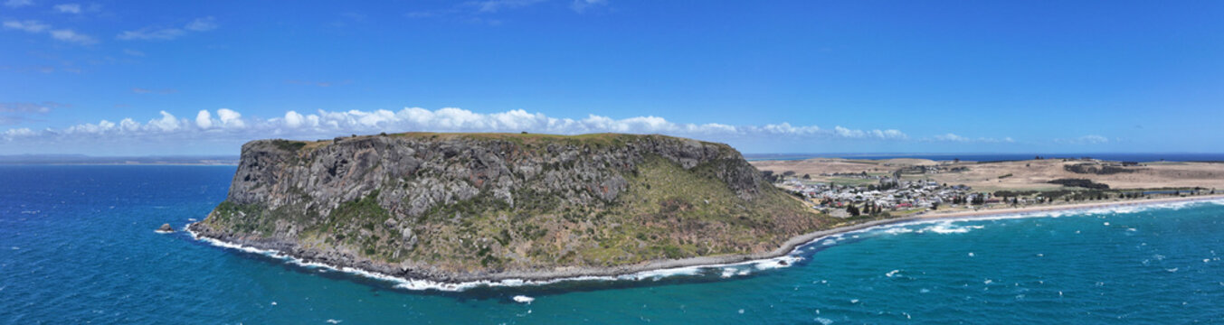 Spectacular aerial panorama of The Nut, Stanley Tasmania Australia