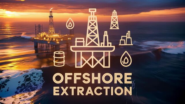 Offshore Extraction Illustration: An artistic representation of offshore oil extraction, showcasing an oil rig amidst the ocean, symbolizing energy production and industrial prowess.