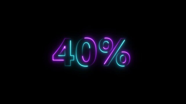 40% percent neon glowing sign Online shopping, discount and sale concept cyan and purple color on black background. Glowing neon number 31 Percent Discount neon animation. 4k animation video