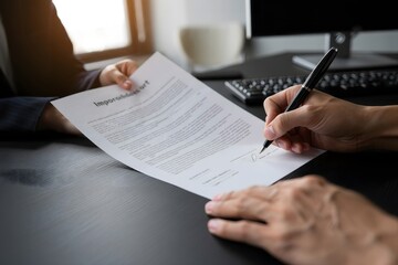 Man Signing Important Document on Desk with Office Background