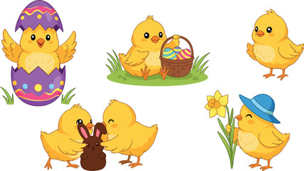 Fototapeta premium Easter Chicks with Colorful Eggs, Bunny, Daffodils, and Spring Decorations for Holiday Celebrations and Seasonal Illustrations