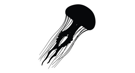 A striking black jellyfish illustration against a white background silhouette © MD