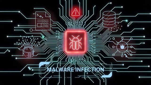 Digital Threat: The intricate network of circuits comes to life, a glowing symbol of a malware infection. This image embodies the digital threat, data security breach.