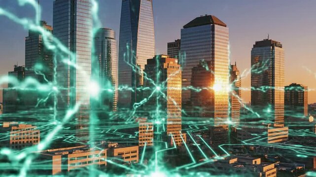 Futuristic cityscape with lightning energy surges and digital network grid overlay modern skyscrapers at sunset