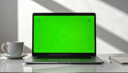 Fototapeta premium Bright modern workspace featuring a portable computer with a vibrant green screen display, ready for digital content, mockups, or custom video integrations