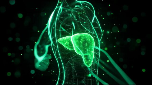 human, hologram, liver, detox, hepatic, emerald, white, particle, glow, holographic, torso, scanline, 3D, visualization, supplement, wellness, cleanse, health, biotech, commercial, science, dark, abdo