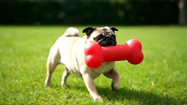 Happy pug dog running on green grass with a red bone toy in its mouth