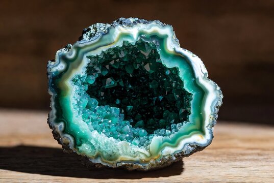A green agate geode rests on a wooden surface.