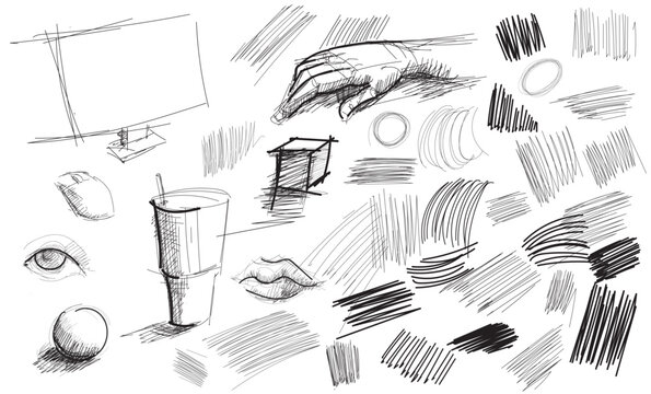 Ink Sketch Practice Page With Hatching, Gesture Studies, Hand, Eye and Still Life Drawings