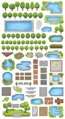 Fototapeta premium A collection of various green trees and blue ponds with brown paths and grey fences