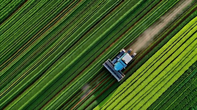 Beet harvester from above on a verdant farming field