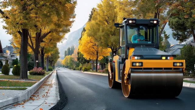 Fresh asphalt being compacted by a heavy road roller on a newly built street in a peaceful suburban area.