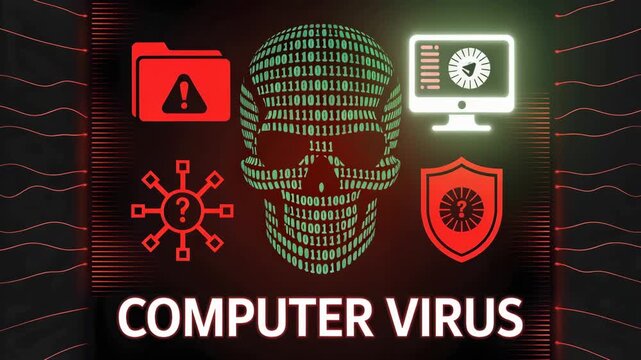Digital Danger: A chilling depiction of a computer virus, symbolized by a digital skull, accompanied by warning icons, highlighting the perils of cybersecurity threats.