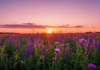 Fototapeta premium Vibrant purple wildflowers in a field at sunset with orange sky