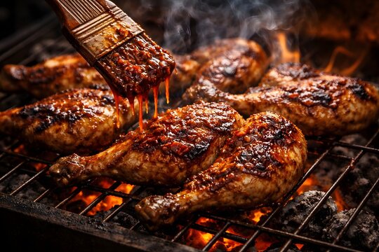 Indonesian Ayam Bakar Taliwang Being Brushed with Spicy Chili Sauce Over Charcoal Grill