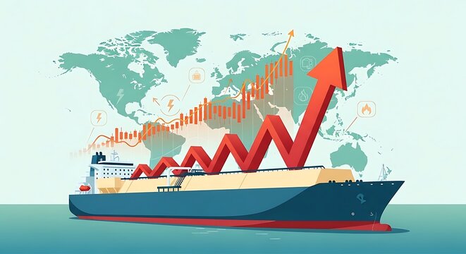 Global Shipping Industry Growth and Economic Trends Illustrated with a Cargo Ship and Upward Arrow Graph.