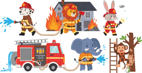 Naklejka premium Cartoon Firefighter Animals Including Dalmatian, Lion, Rabbit, Elephant, and Monkey with Fire Truck and Rescue Operations.