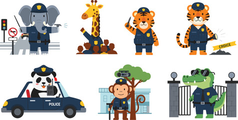 Cartoon Police Animals Including Elephant, Giraffe, Tiger, Panda, Monkey, and Crocodile for Law Enforcement and Police Designs. © Sanjida