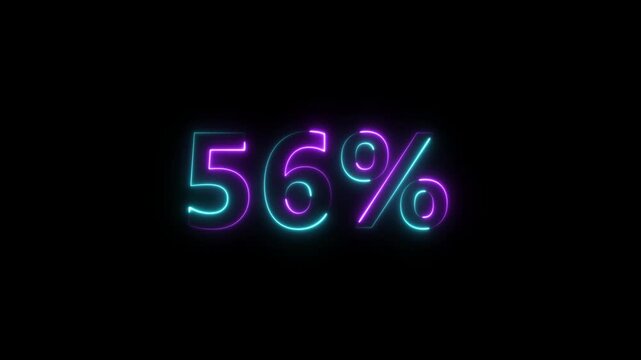 Discount and sale concept cyan,purple color on black background. Glowing neon number 56 Percent Discount neon animation.