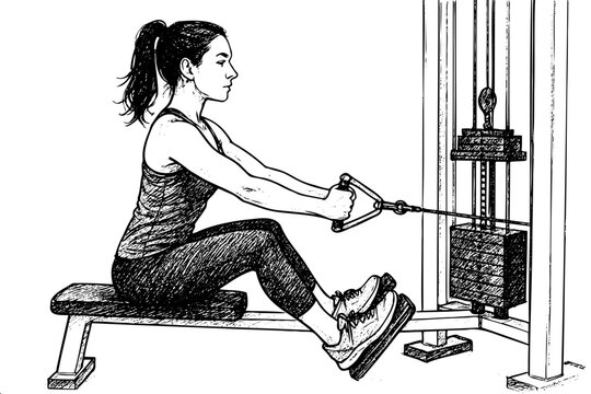 Black and white detailed drawing of female athlete pulling weight machine for back workout