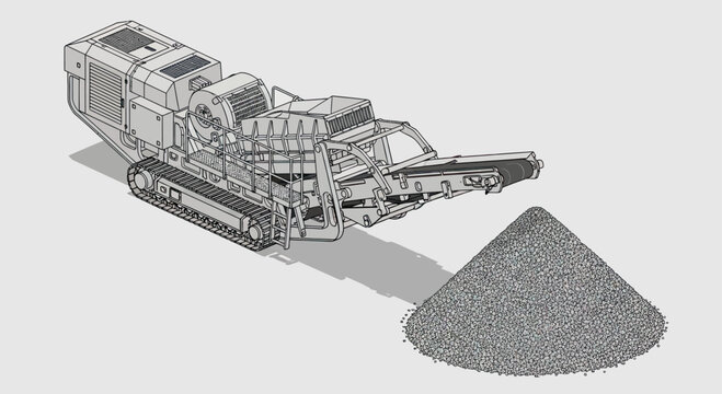 An isometric illustration of a tracked mobile crushing machine processing aggregate into a pile of gravel.