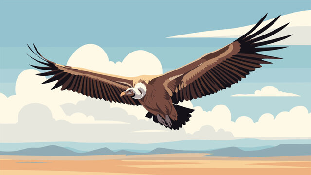Large griffon vulture with expansive wingspan soars gracefully through a cloudy sky over a vast and dry desert landscape.