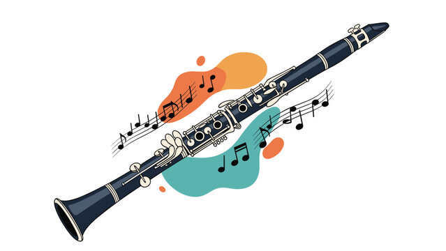 Elegant black clarinet instrument surrounded by abstract shapes and flowing musical notes on a clean white background for design.