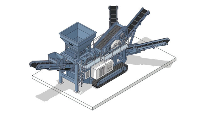 Isometric illustration of a mobile crushing machine with conveyor belts and tracks, designed for industrial material processing.