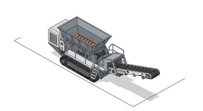 Isometric illustration of a mobile tracked trommel screen machine for sorting and screening materials.