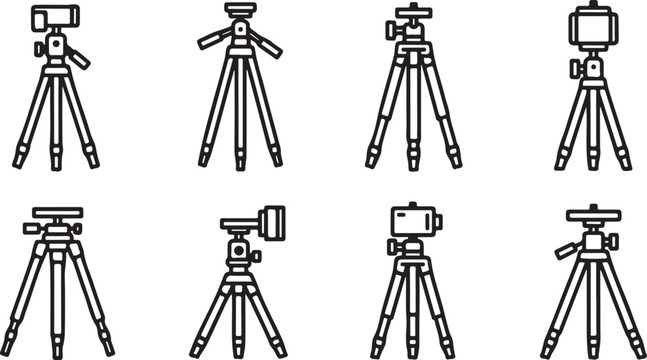 Various camera tripods and accessories for photography and videography Vector